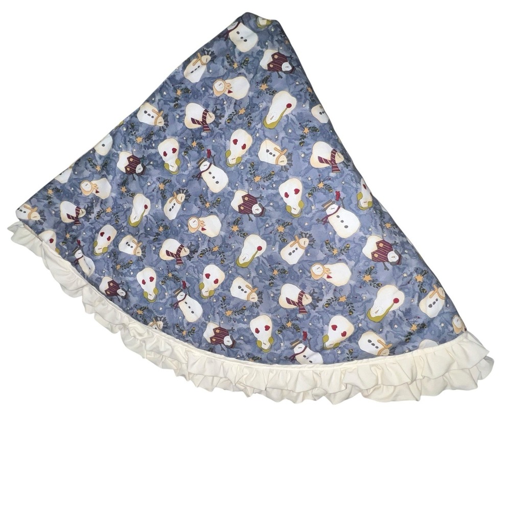Vintage Handmade Quilted Snowman Christmas Tree Skirt‎ Ruffle Trim Blue 44"
